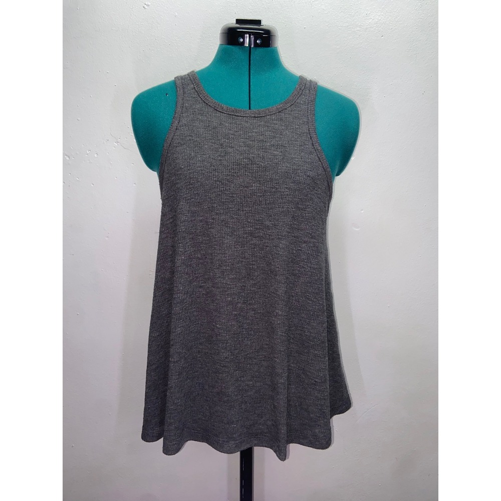 Mila Gray Ribbed Knit Racerback Tank Top Flowy A-Line Charcoal Casual Womens S/M